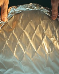 Poster - Individual holding a shiny foil sheet capturing light with reflections in a casual indoor setting