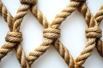 Detailed macro shot of a natural fiber rope net on white background