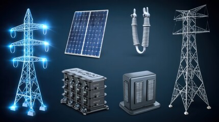 Poster - Glowing wireframe illustration of power generation and transmission equipment against a dark blue background. Includes solar panels, pylons, and battery storage.