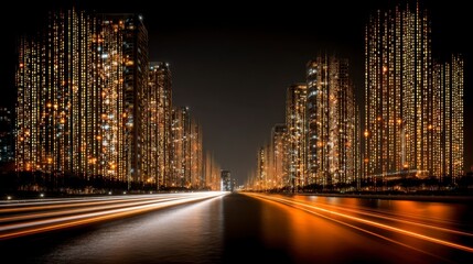 Poster - Night cityscape with illuminated skyscrapers flanking a waterway, showcasing light trails from moving vehicles.