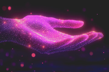 Fototapete - A digital network of luminescent dots and polygonal connections radiating from the hand.