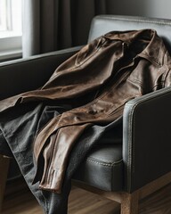 Poster - Stylish black leather jacket draped elegantly over a modern chair in a contemporary setting