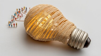 Poster - glowing lightbulb with miniature figures walking towards it, on a white background.
