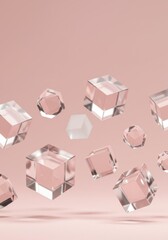 Poster - Abstract Composition of Floating Glass Cubes on a Pink Background: A 3D Render of Geometric Shapes in a Minimalist Style