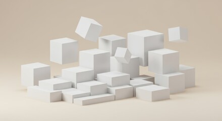 Poster - Abstract 3D Render of White Cubes in Beige Background: Minimalist Geometric Composition