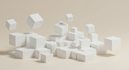 Poster - Abstract 3D Render: Floating White Cubes Minimalist Geometric Composition Beige Background