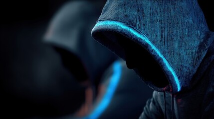 Poster - person in a dark gray hoodie illuminated by bright blue light, mysterious and dark background