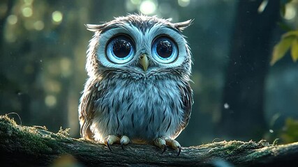 Cute owl perched on a branch in a forest.