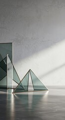 Poster - Minimalist Glass Pyramids and Geometric Forms Reflected on Polished Concrete Floor, Modern Interior Design