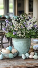 Aufkleber - Charming Easter Still Life Bouquet of Flowers in a Pot with Decorative Eggs on a Rustic Tabletop Indoors
