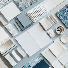 Aufkleber - Sophisticated selection of tile marble and fabric samples for interior design in a serene neutral palette