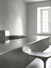 Poster - Sleek metal kitchen island under soft daylight pouring from the window in a minimalist design space