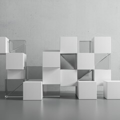 Poster - Abstract Modern Cubes and Glass Minimalist Architectural Composition Against Gray Concrete Wall Background