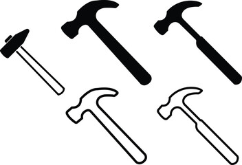 Poster - Carpenter hammer icons set black flat, outline styles. Hammer tool used for construction or repair. Judge gavel sign, symbols for graphic and web designs collection isolated on transparent background.