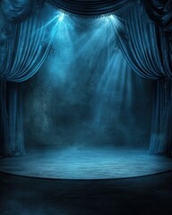 Aufkleber - Dramatic teal theater stage with curtains spotlight and smoke effects adding mystery and creating atmosphere