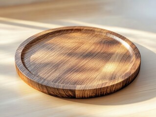 Aufkleber - Wooden circular tray on bright light wooden surface close up studio shot warm hue natural wood tone elegance