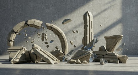 Poster - Crumbling Monuments A 3D Render of Shattered Stone Architecture Against a Concrete Wall