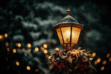 Poster - Snowy Evening Festive Glow Winter Scene Elegant Lamp Post Adorned with Holiday Wreath Bokeh Lights Warmth