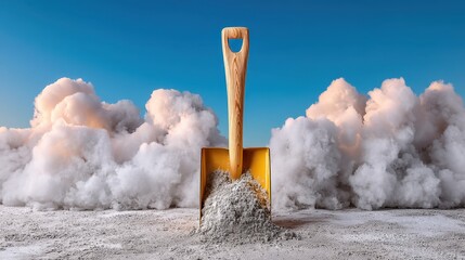Fototapete - yellow toy shovel filled with small gray pebbles, against a backdrop of fluffy white clouds resembli