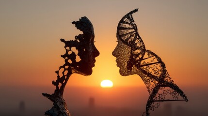 Poster - silhouette of two abstract figures facing each other at sunset, pixelated style.