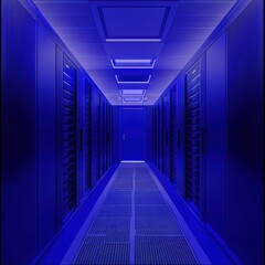 Poster - Data center corridor showcasing server racks in a blue illuminated environment with a neutral background and symmetrical design