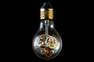 Poster - Mechanical innovation bulb gears precision craftsmanship idea power golden concept with black background