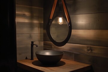 Aufkleber - Rustic elegance bathroom interior with round mirror light fixture on wood panel wall background