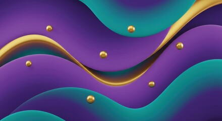 Poster - Abstract Purple Teal Gold Waves with Golden Spheres: A Stunning 3D Rendered Background Design