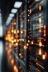 Poster - Server room with data center equipment showing glowing lights and blurred background creating depth focus