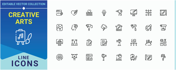 Aufkleber - Creative Arts icon pack. Contain linear symbols art, digital, paint, brush, artwork, draw, graphic and more. Art And Design icon set. Icons for application. Editable stroke collections.