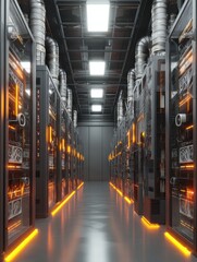 Poster - Modern server room with rows of servers and data storage units illuminated with bright orange light