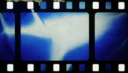 Poster - abstract blue film strip texture with light leak and grainy surface for vintage media design, photo overlays, web background, or retro branding graphics

