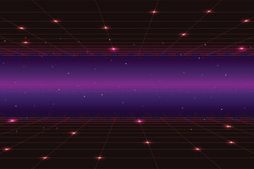 Wall Mural - retro cyberpunk pixel art game scene from the 80s. dark pink 8-bit sci-fi background. glowing neon g