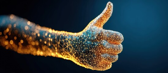 Aufkleber - A digital wireframe hand giving a thumbs up, glowing with golden light against a dark blue background , Social media influence marketing.