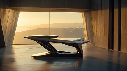 Poster - Contemporary Futuristic Table with Scenic Sunset View in Minimalist Room