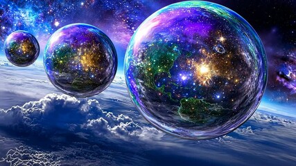 Wall Mural - cosmic bubbles in space with stars and colorful galaxies above earth