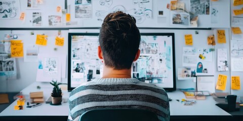 Poster - A person sits at a desk, focused on a computer screen, surrounded by creative sketches, notes, and brainstorming materials pinned to the wall , Social media influence marketing.