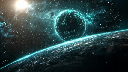 Wall Mural - cosmic landscape with glowing planet and starry background