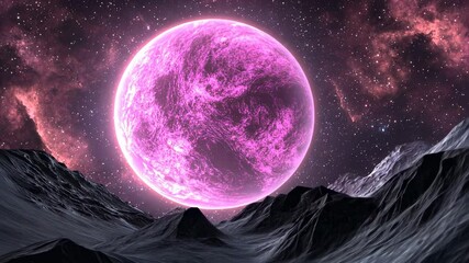 Wall Mural - surreal cosmic landscape with bright pink planet and starry background