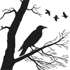raven sitting on branch silhouette with flying birds and tree design