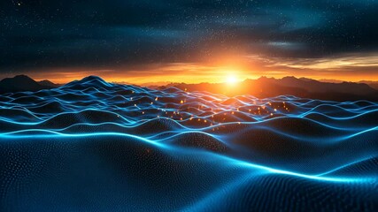 Wall Mural - Futuristic Landscape with Glowing Waves Under Starry Sky at Sunset