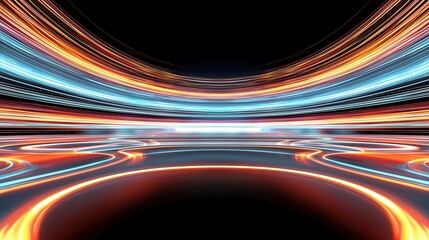 Fototapete - Abstract futuristic tunnel with neon glowing lines in blue, orange, red colors on black background. 3D rendering illustration of abstract space portal with glowing curved stripes. Vector design elemen