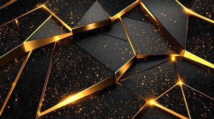 Poster - Abstract 3D background with black textured triangles and glowing gold outlines