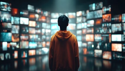 Aufkleber - A person stands in front of a wall filled with multiple glowing digital screens, immersed in media or technology , Social media influence marketing.