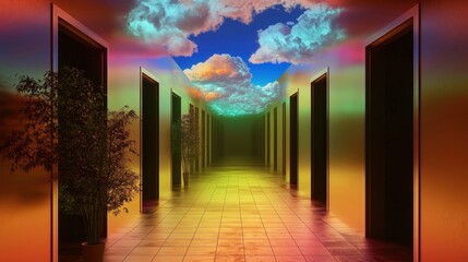 Poster - Abstract tech corridor of data center glowing with cloud network overlays