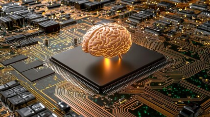 Poster - Artificial intelligence processor in focus, surrounded by glowing circuitry