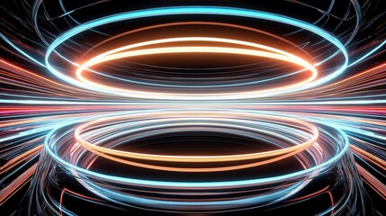 Fototapete - Abstract futuristic tunnel with neon glowing lines in blue, orange, red colors on black background. 3D rendering illustration of abstract space portal with glowing curved stripes. Vector design elemen