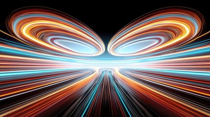 Fototapete - Abstract futuristic tunnel with neon glowing lines in blue, orange, red colors on black background. 3D rendering illustration of abstract space portal with glowing curved stripes. Vector design elemen