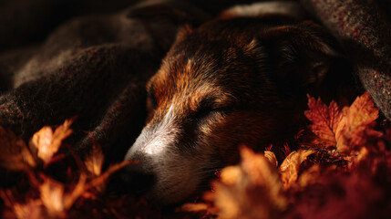 Wall Mural - Cozy dog nestled in autumn leaves, surrounded by warm fall tones.