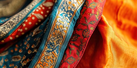 Closeup macro of traditional Kashmir textile fabric, showcasing intricate patterns, fine embroidery and rich texture of handcrafted wool and silk weaving